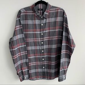 Theory grey/red plaid long sleeve button up shirt